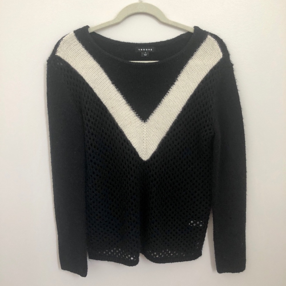 Black Wool/Mohair/Blend Sweater With White V-S